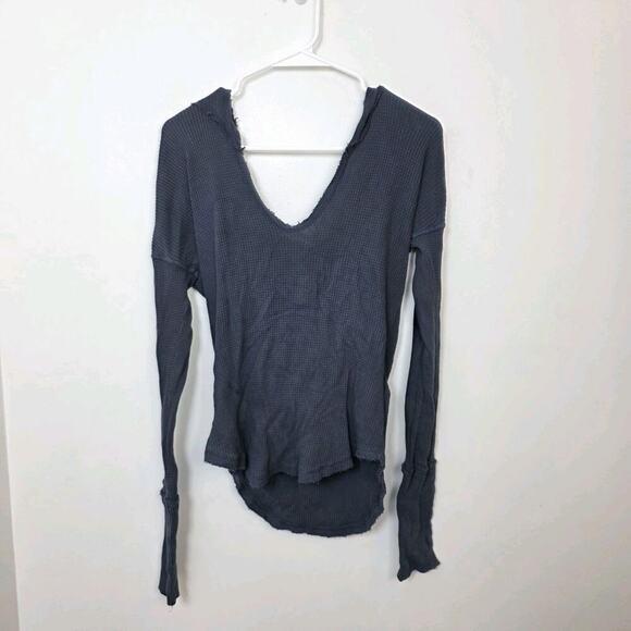 Free People Tops - Free People Navy Waffle Knit Thermal Minimalist Hooded Long Sleeve Shirt Size S